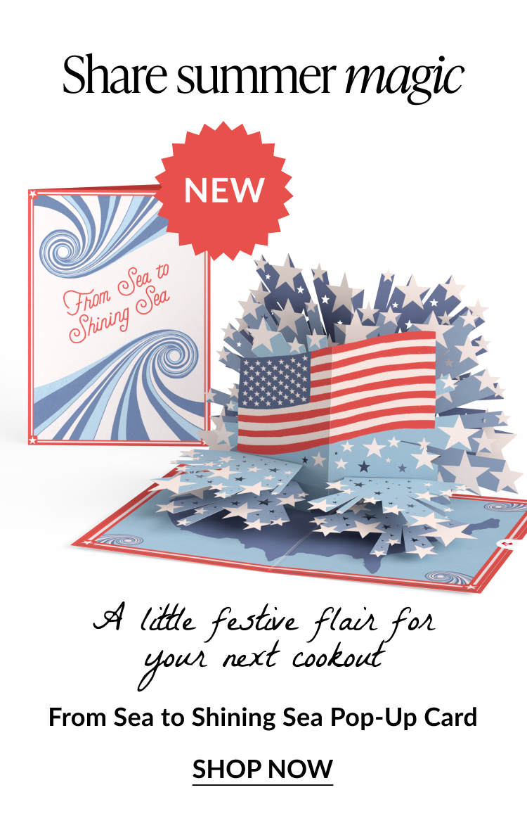 From Sea to Shining Sea Pop-Up Card with American flag and starburst design. Text reads: 