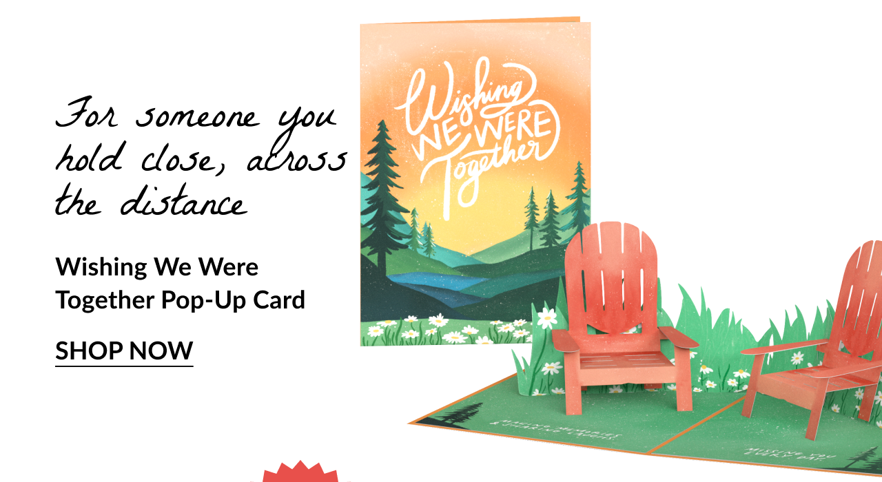 Wishing We Were Together Pop-Up Card with sunset, pine trees, and Adirondack chairs. Text reads: 