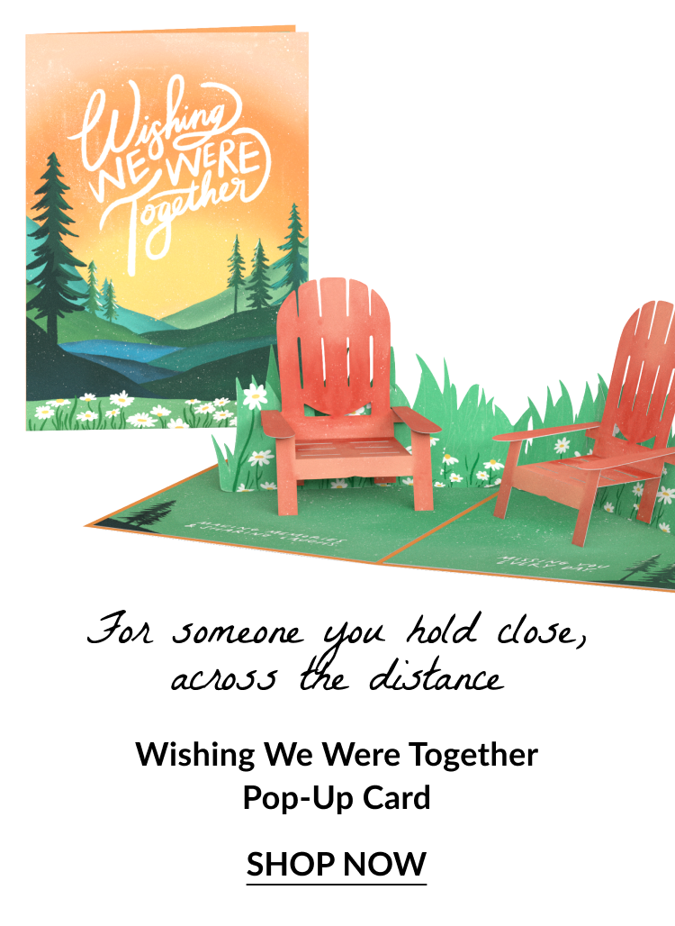 Wishing We Were Together Pop-Up Card with sunset, pine trees, and Adirondack chairs. Text reads: 