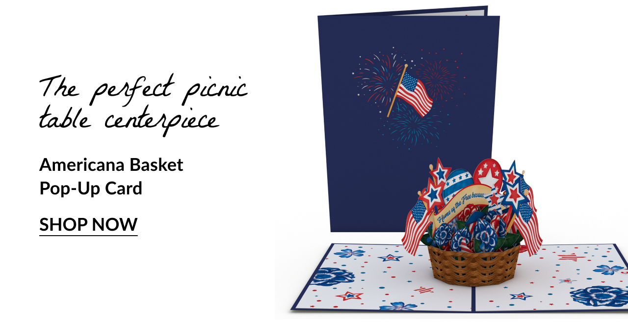 Americana Basket Pop-Up Card with patriotic basket centerpiece and flags. Text reads: 