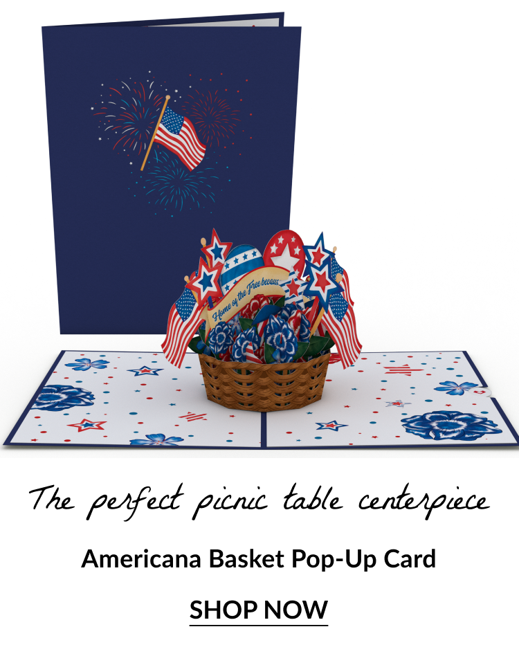 Americana Basket Pop-Up Card with patriotic basket centerpiece and flags. Text reads: 