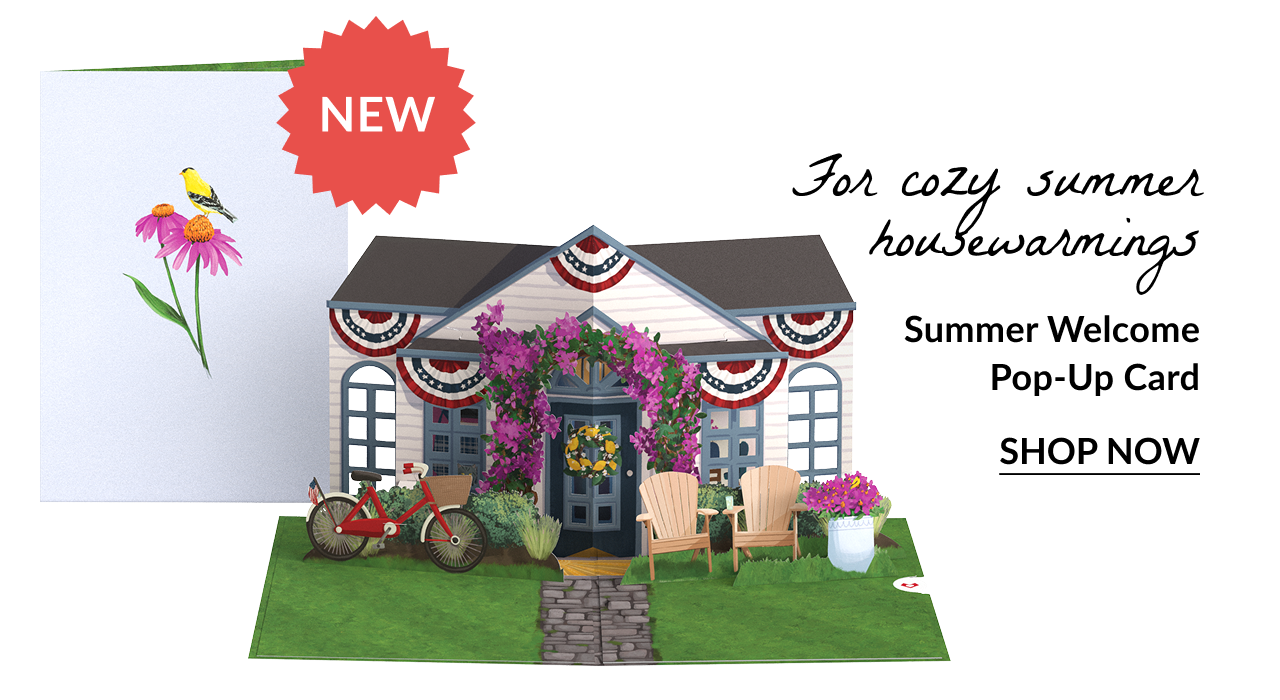 Summer Welcome Pop-Up Card with house design, bike, and summer flowers. Text reads: 