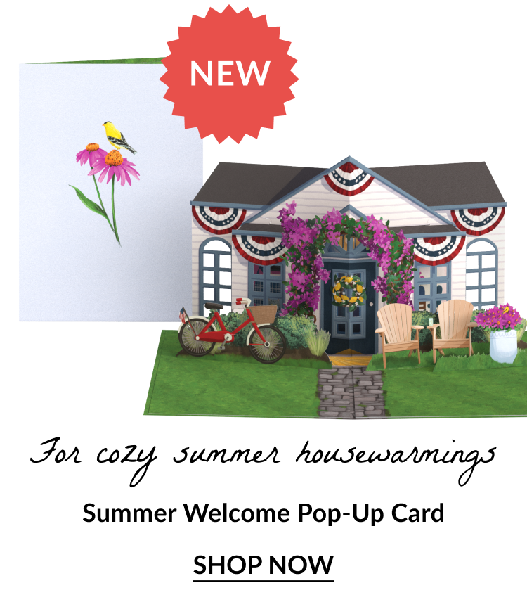 Summer Welcome Pop-Up Card with house design, bike, and summer flowers. Text reads: 