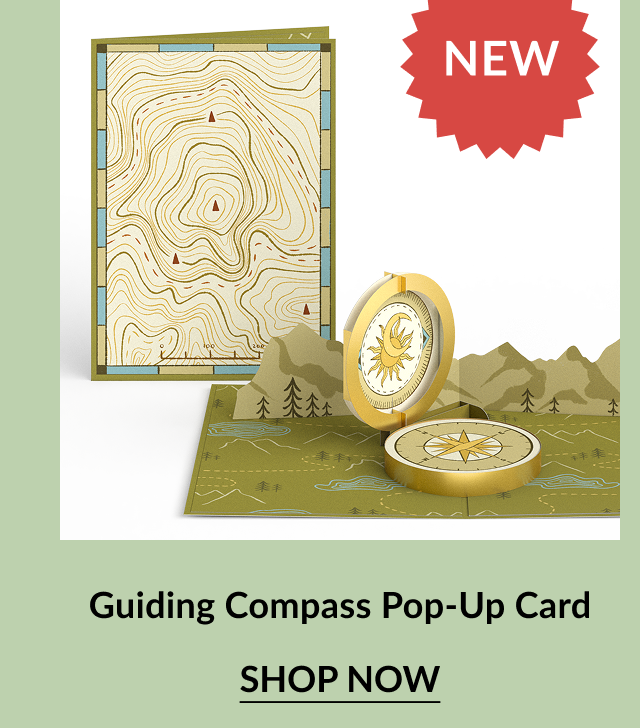 Guiding Compass Pop-Up Card with map and gold compass design. Text reads: 