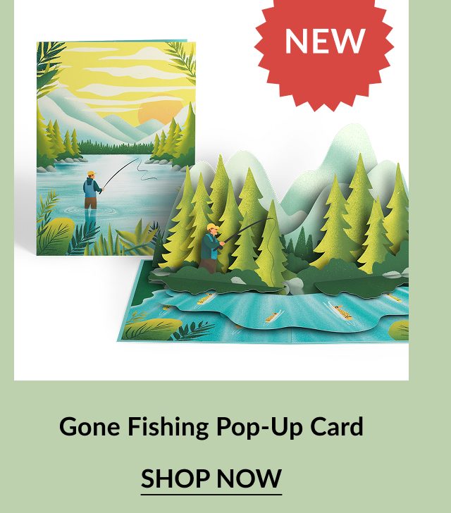 Gone Fishing Pop-Up Card with a fisherman and mountain lake scene. Text reads: 