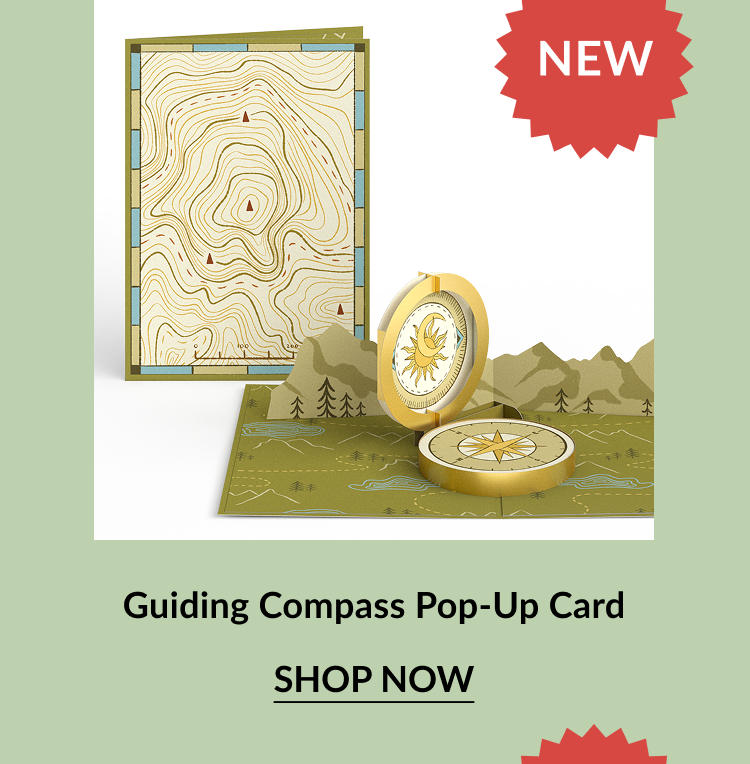Guiding Compass Pop-Up Card with map and gold compass design. Text reads: 