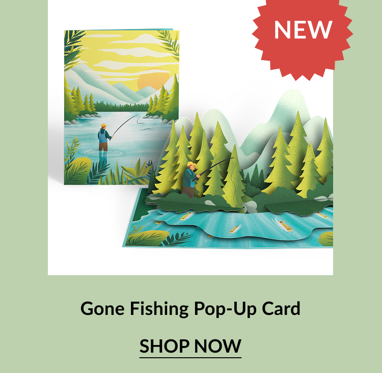 Gone Fishing Pop-Up Card with a fisherman and mountain lake scene. Text reads: 