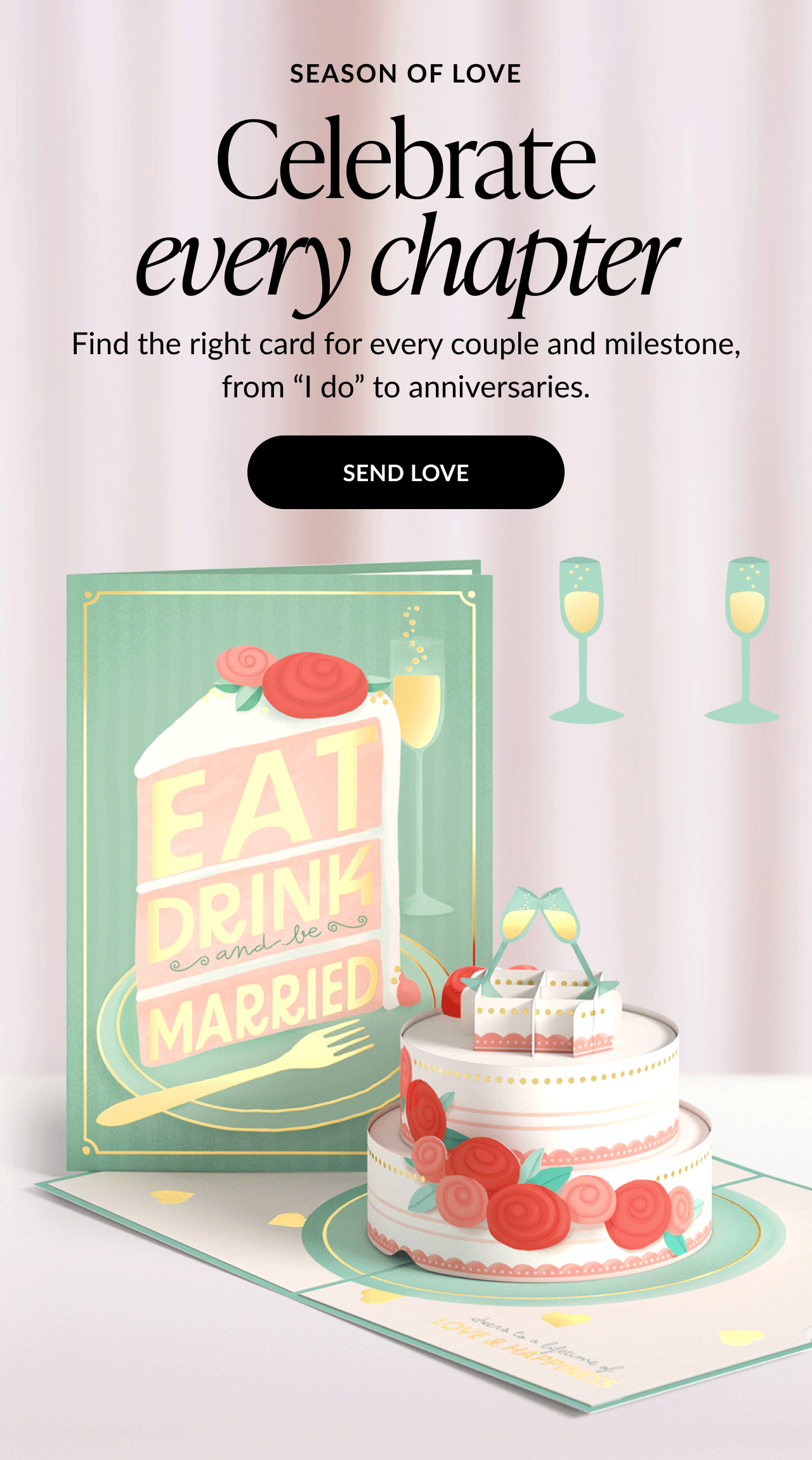 Wedding card promotion with pop-up cake design. Text reads: 