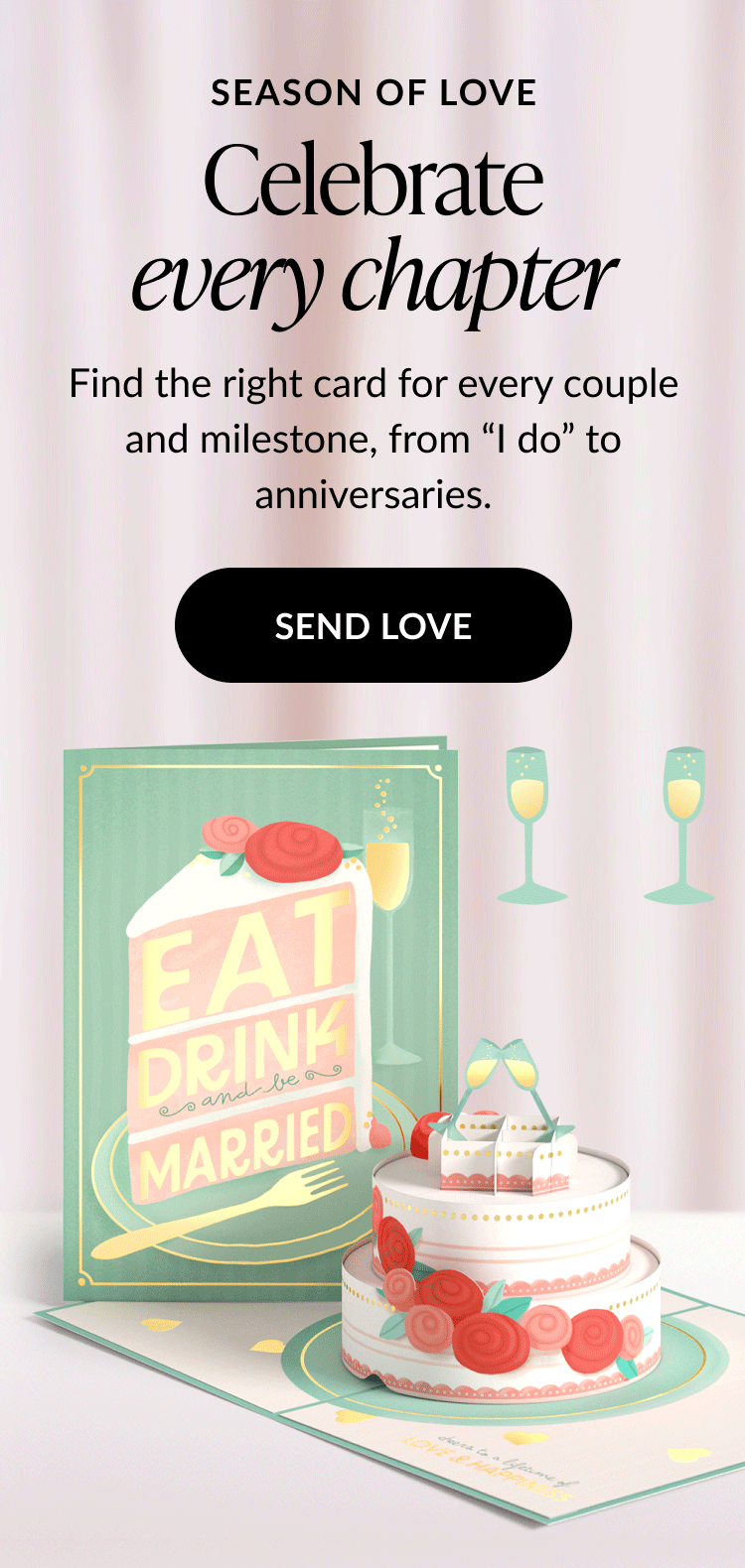 Wedding card promotion with pop-up cake design. Text reads: 