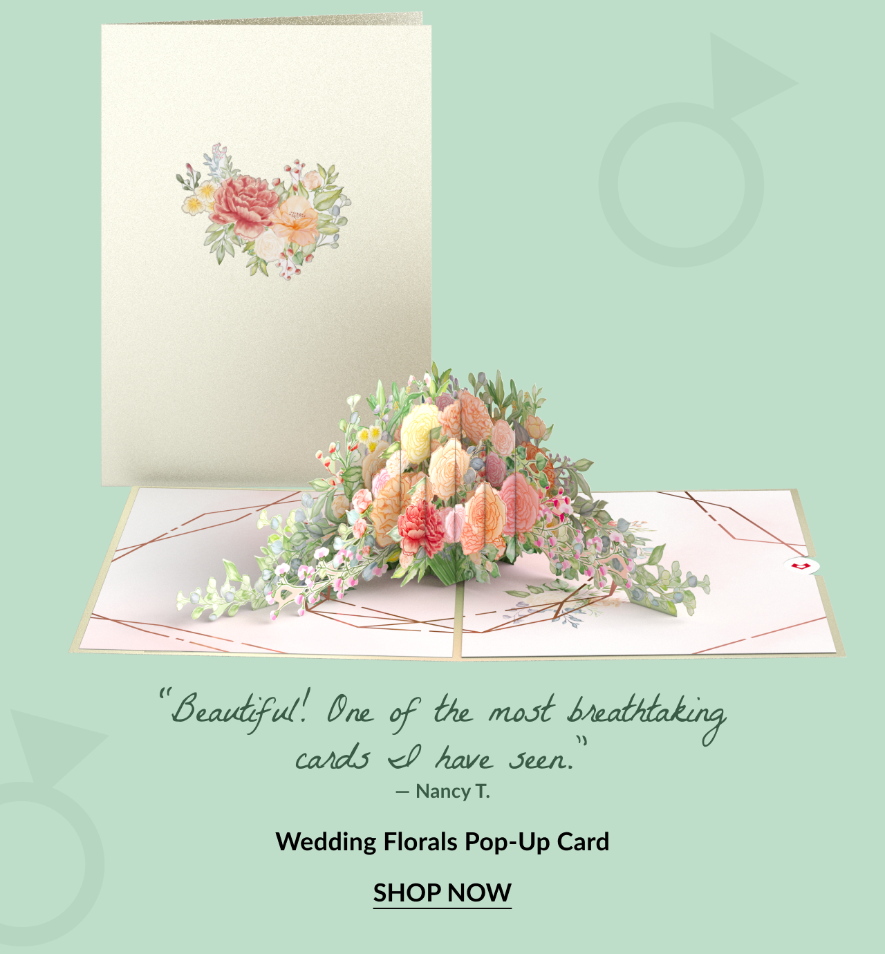 Wedding Florals Pop-Up Card with blooming bouquet design. Customer review reads: 