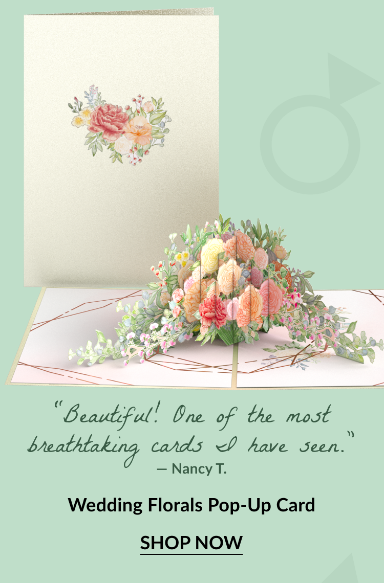 Wedding Florals Pop-Up Card with blooming bouquet design. Customer review reads: 