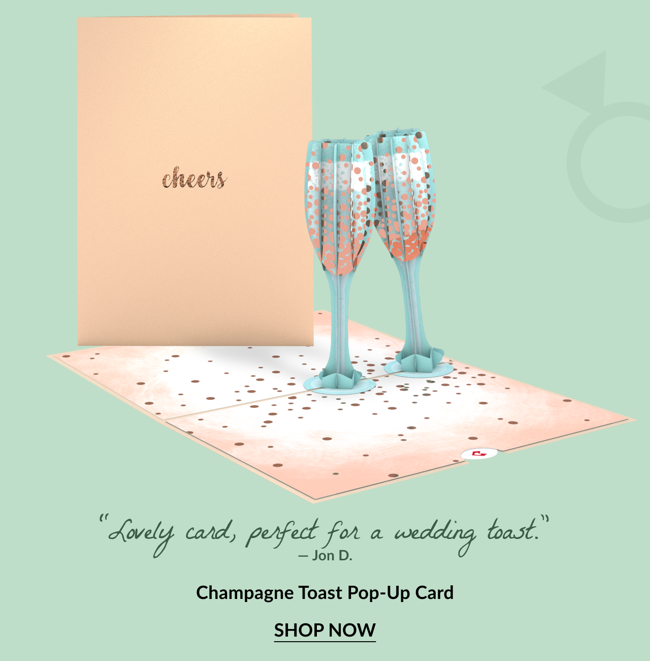 Champagne Toast Pop-Up Card with two champagne flutes. Customer review reads: 