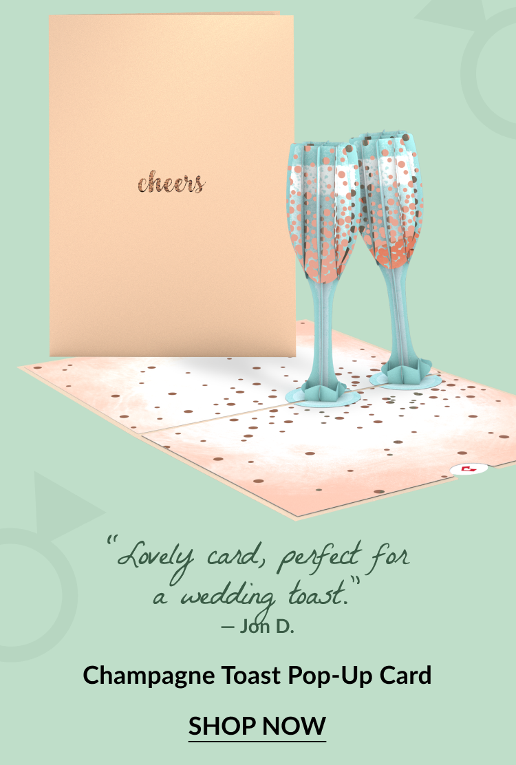 Champagne Toast Pop-Up Card with two champagne flutes. Customer review reads: 