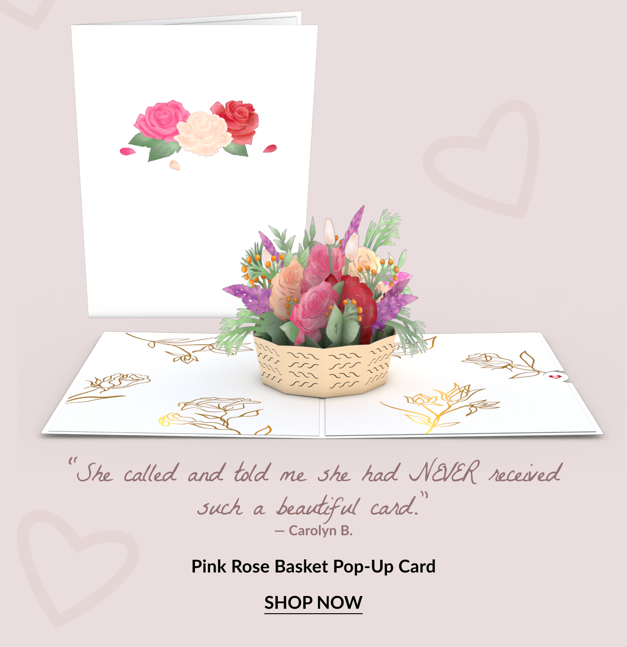 Pink Rose Basket Pop-Up Card with colorful floral arrangement. Customer review reads: 