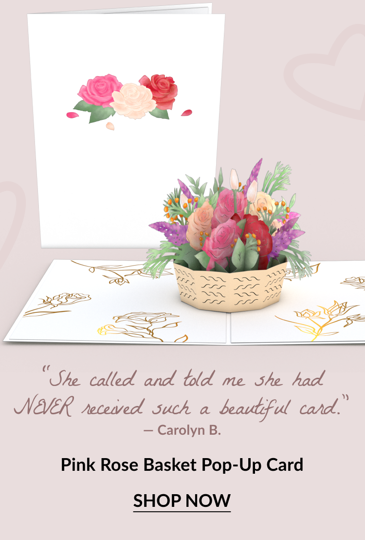 Pink Rose Basket Pop-Up Card with colorful floral arrangement. Customer review reads: 