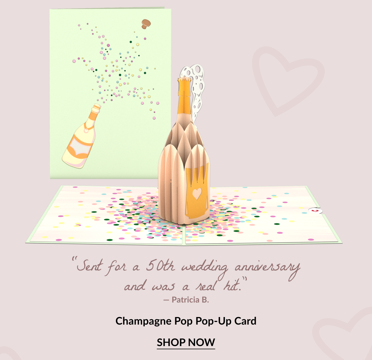 Champagne Pop Pop-Up Card with 3D champagne bottle and confetti design. Customer review reads: 