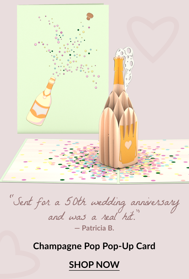 Champagne Pop Pop-Up Card with 3D champagne bottle and confetti design. Customer review reads: 