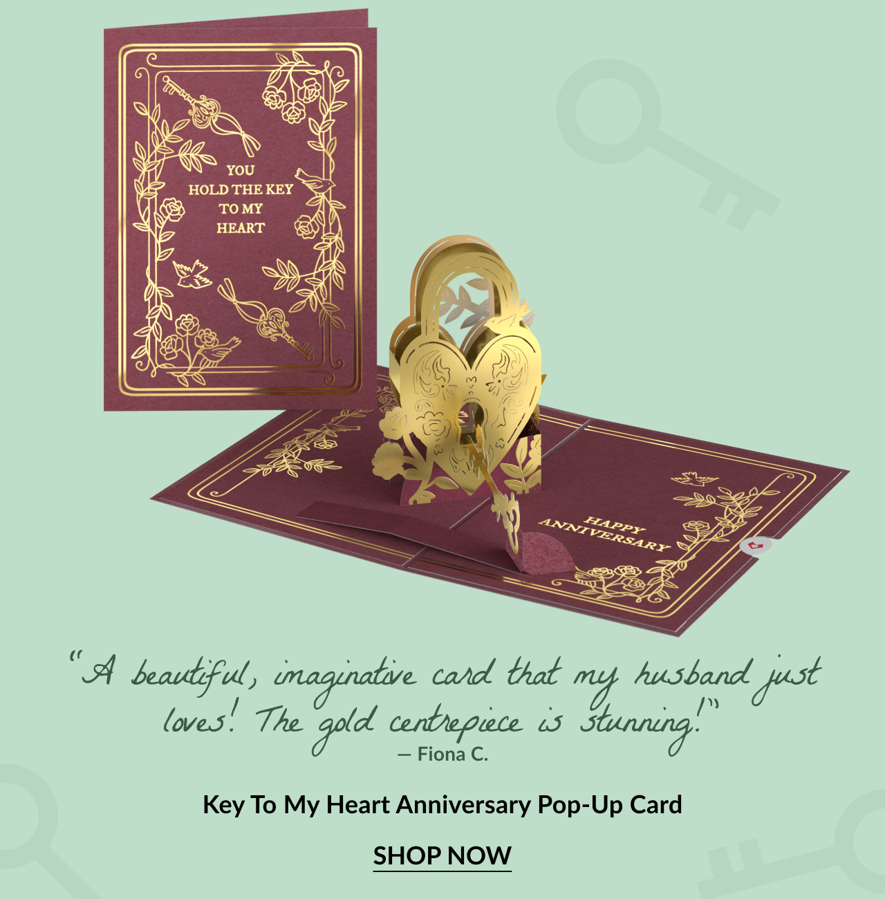 Key To My Heart Anniversary Pop-Up Card featuring a gold key and heart-shaped lock. Card reads: 