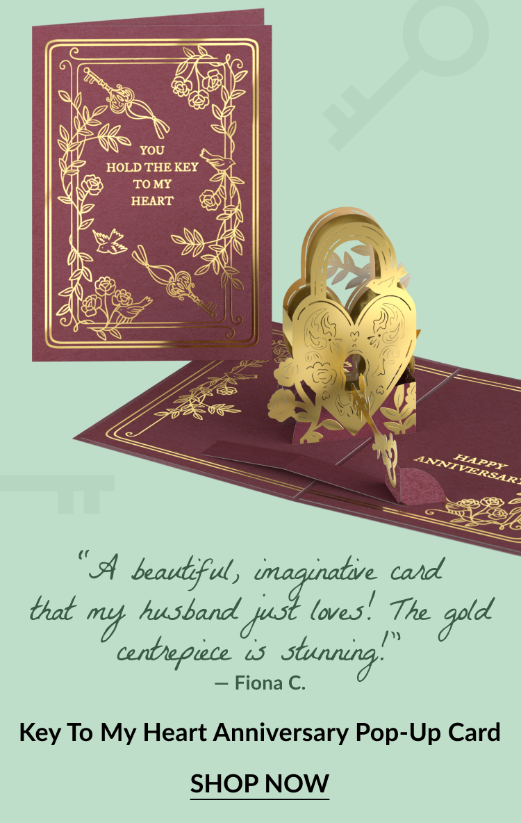 Key To My Heart Anniversary Pop-Up Card featuring a gold key and heart-shaped lock. Card reads: 