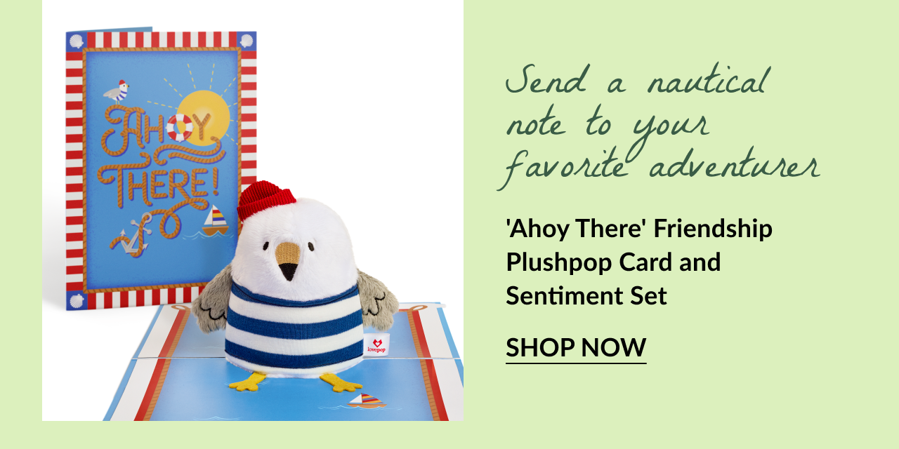 Plush seagull toy and nautical card with text: Send a nautical note to your favorite adventurer. 'Ahoy There' Friendship Plushpop Card and Sentiment Set. Button text: Shop Now