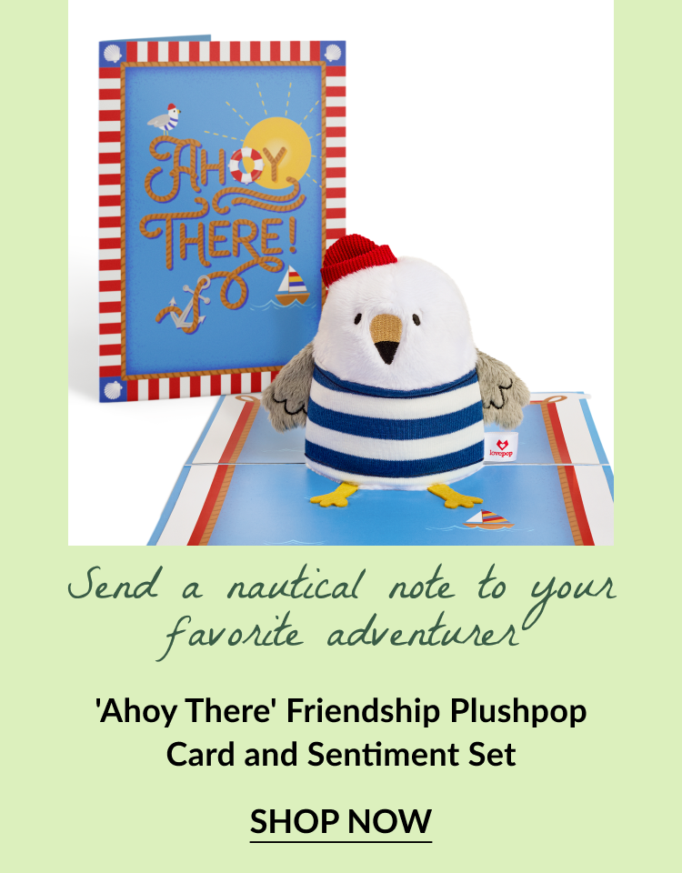 Plush seagull toy and nautical card with text: Send a nautical note to your favorite adventurer. 'Ahoy There' Friendship Plushpop Card and Sentiment Set. Button text: Shop Now