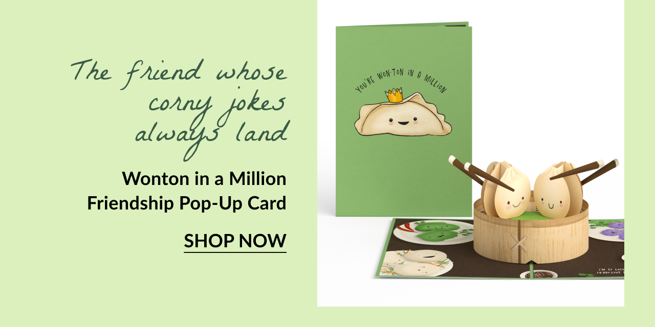 Pop-up dumpling card with text: The friend whose corny jokes always land. Wonton in a Million Friendship Pop-Up Card. Button text: Shop Now