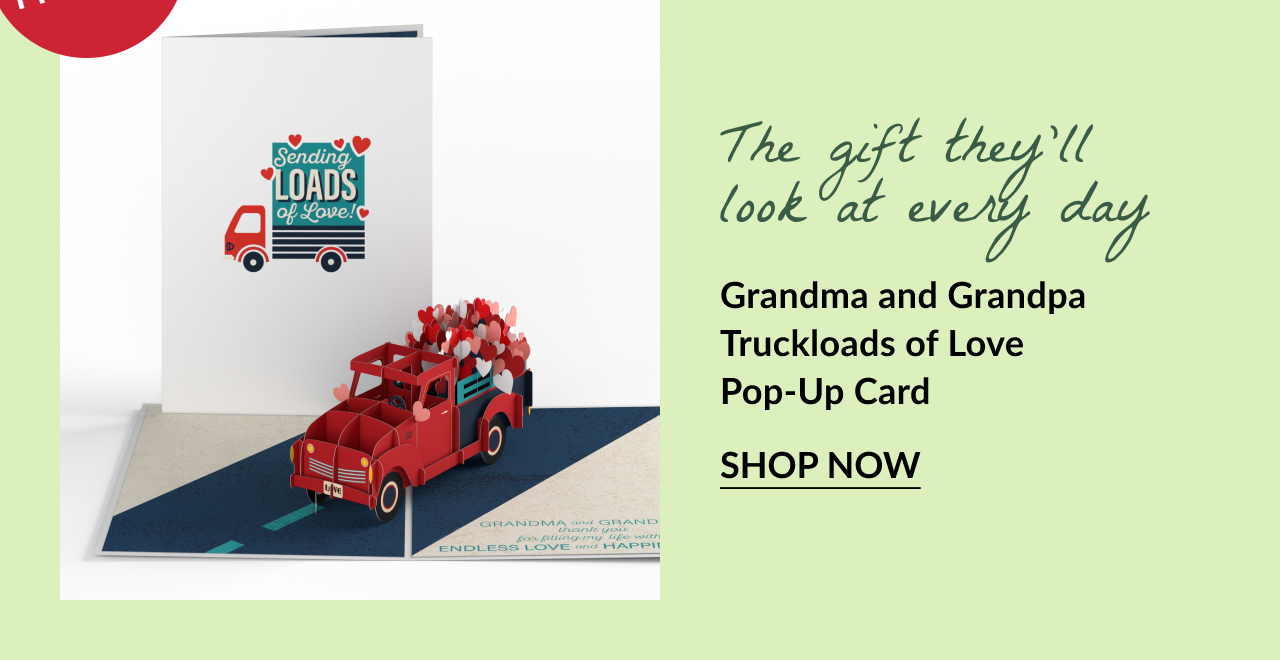 Pop-up red truck card with hearts and text: The gift they’ll look at every day. Grandma and Grandpa Truckloads of Love Pop-Up Card. Button text: Shop Now