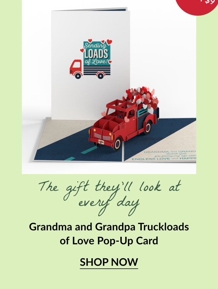 Pop-up red truck card with hearts and text: The gift they’ll look at every day. Grandma and Grandpa Truckloads of Love Pop-Up Card. Button text: Shop Now