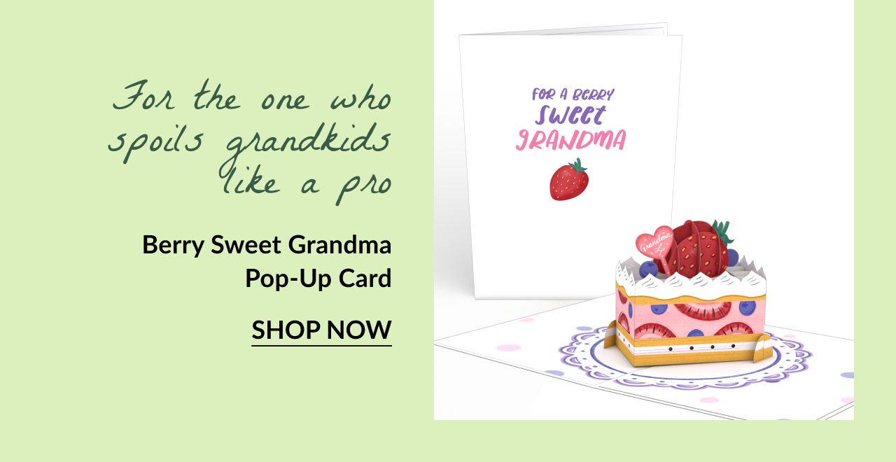 Pop-up berry cake card with text: For the one who spoils grandkids like a pro. Berry Sweet Grandma Pop-Up Card. Button text: Shop Now