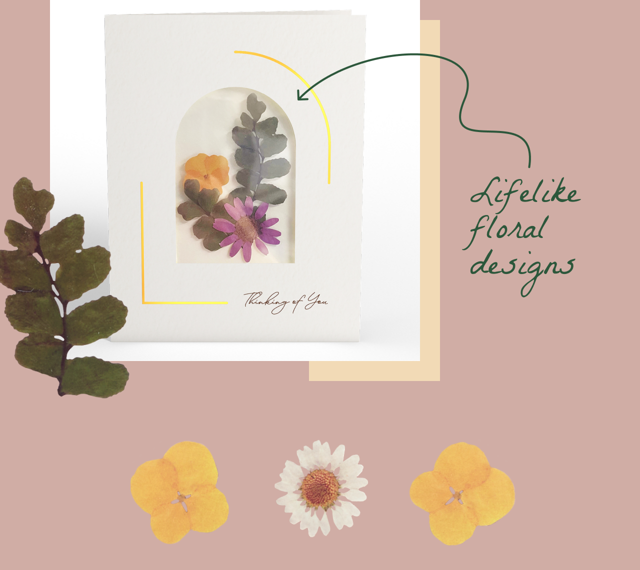 Close-up of Petal Pressed notecard with lifelike pressed flowers and 'Thinking of You' message.