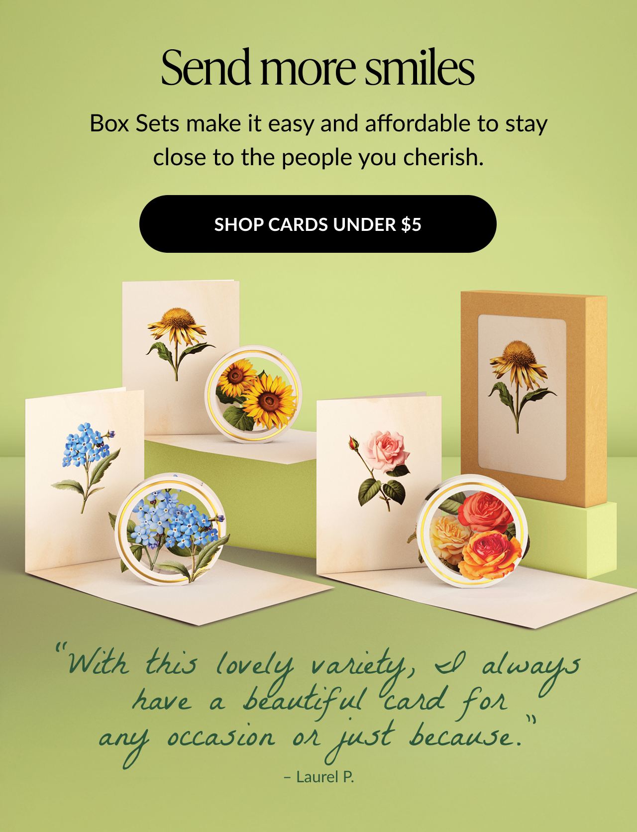 Send more smiles with floral card box sets under $5. Variety of flower-themed cards displayed with a customer review.