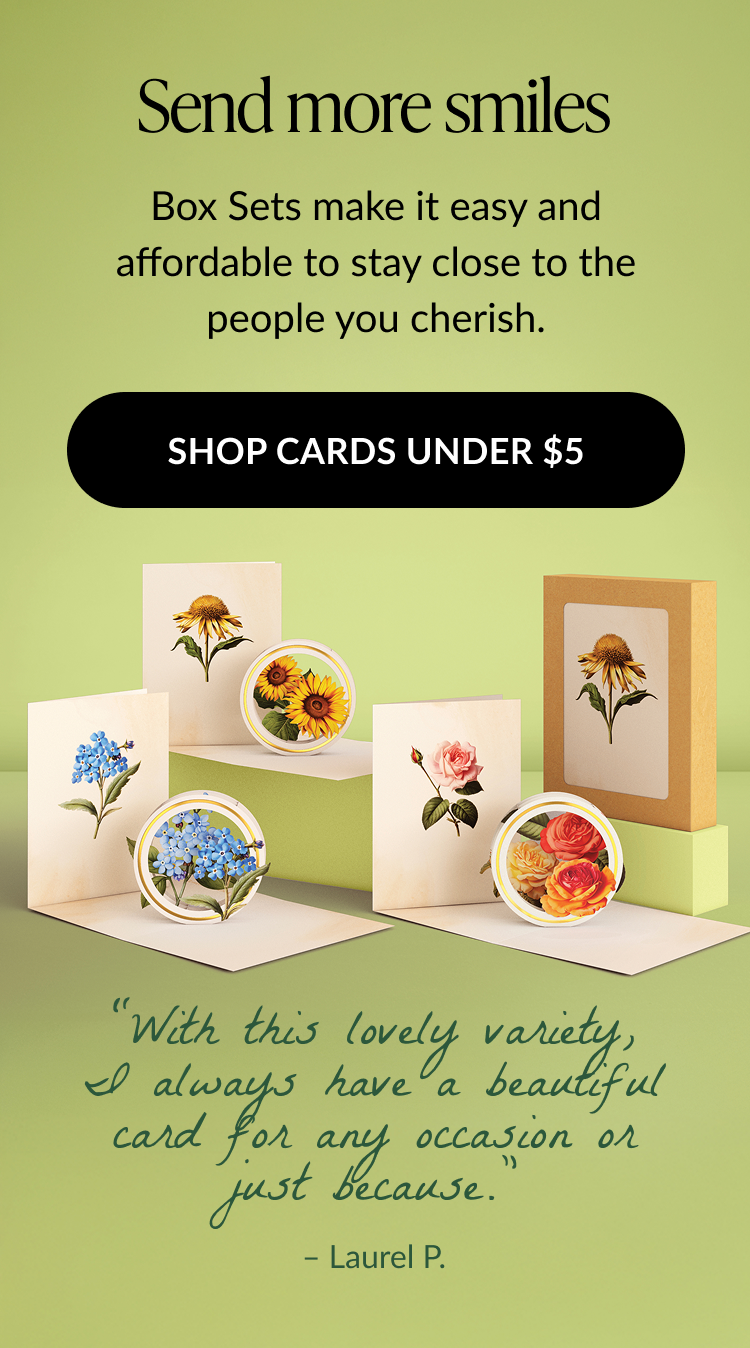 Send more smiles with floral card box sets under $5. Variety of flower-themed cards displayed with a customer review.