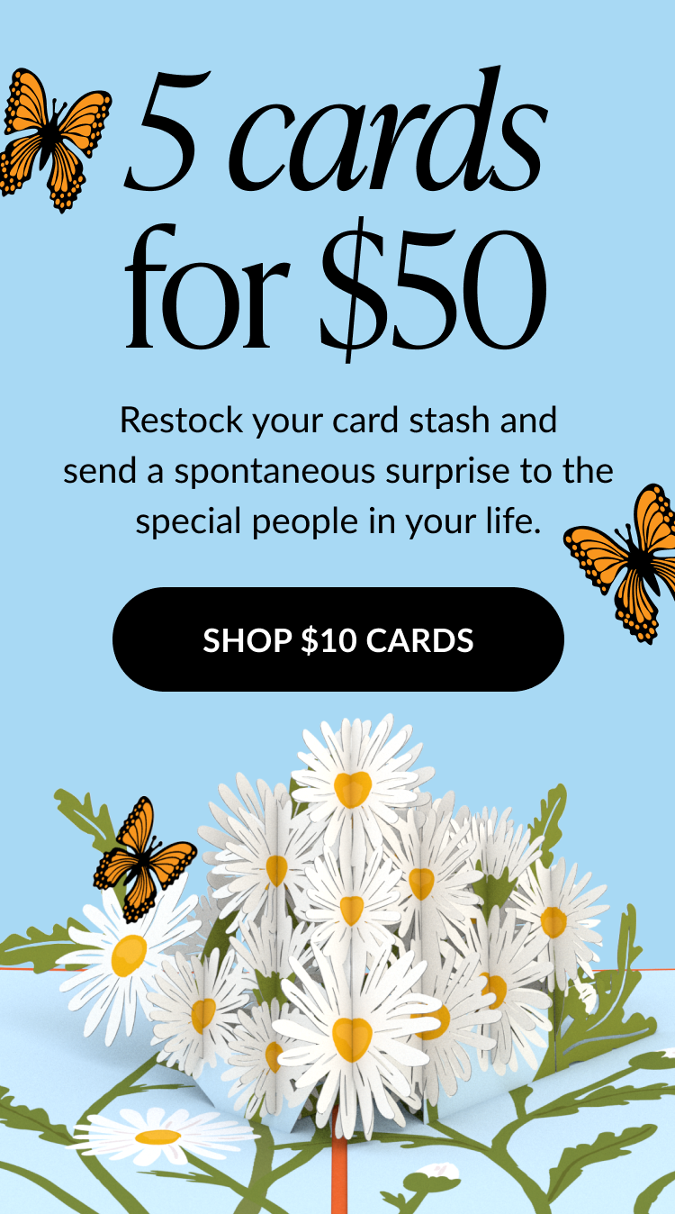 5 cards for $50 with daisies and butterflies, promoting $10 card offer