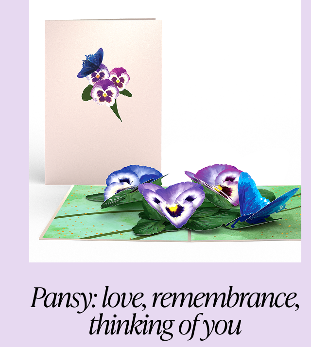 Purple pansy card with butterflies, conveying love, remembrance, and thinking of you.