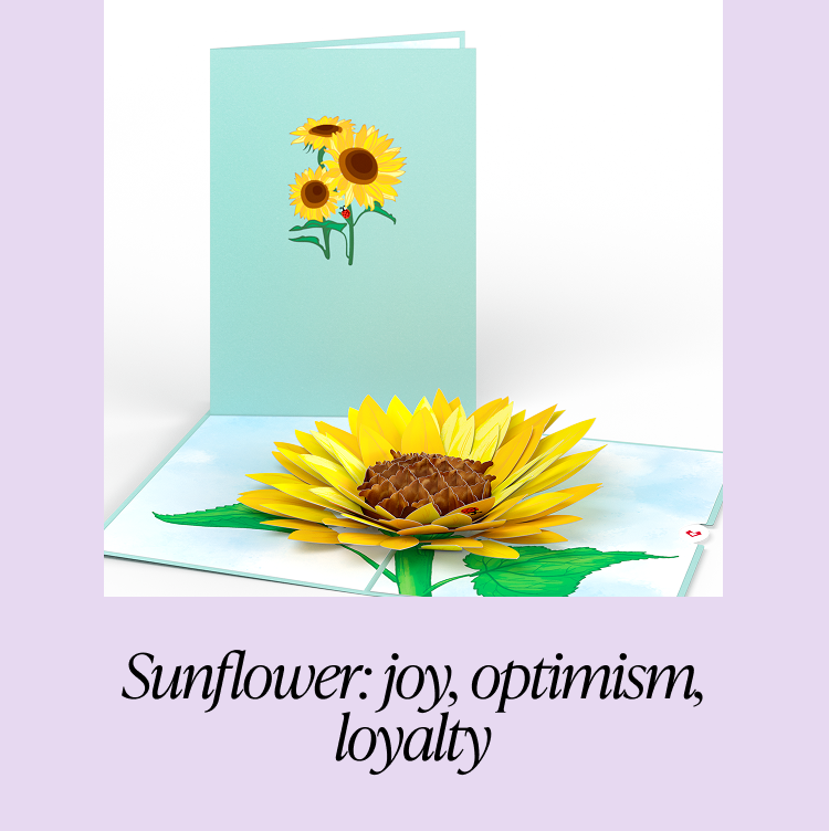 Sunflower card with bright petals and a teal cover, symbolizing joy, optimism, and loyalty.