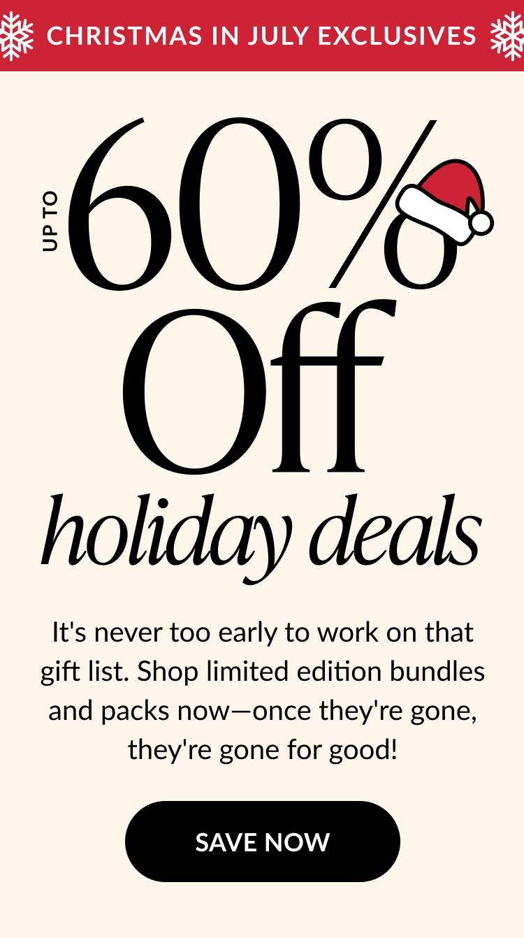 “Christmas in July Exclusives” banner offering up to 60% off holiday deals, with a Santa hat on the percent sign and a button that says “Save Now.”