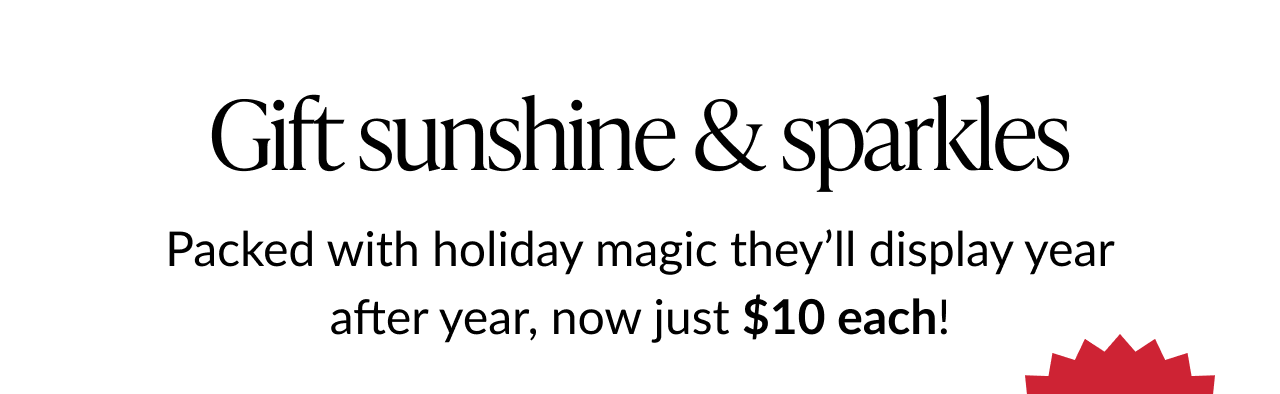 Text reading “Gift sunshine & sparkles,” promoting $10 holiday keepsakes.