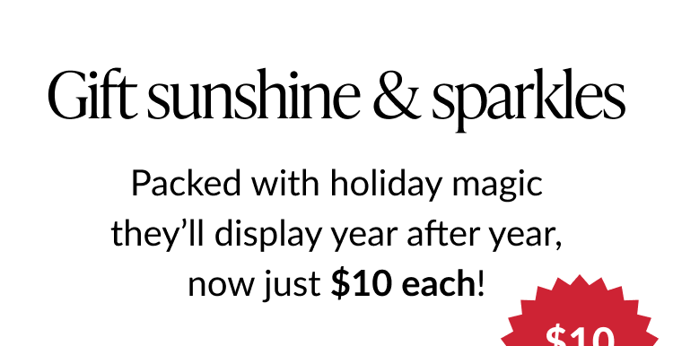 Text reading “Gift sunshine & sparkles,” promoting $10 holiday keepsakes.