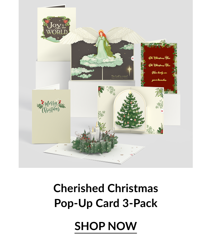 Three pop-up holiday cards featuring a nativity scene, angel, Christmas tree, and candle wreath, labeled as a 3-pack.