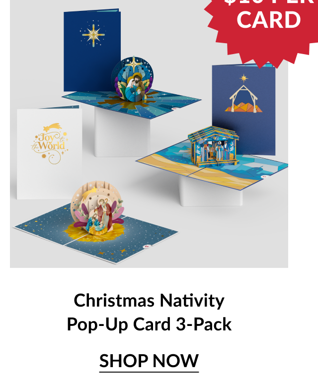 Three nativity-themed pop-up cards, including designs with stars, mangers, and baby Jesus, labeled as a 3-pack. Ask ChatGPT