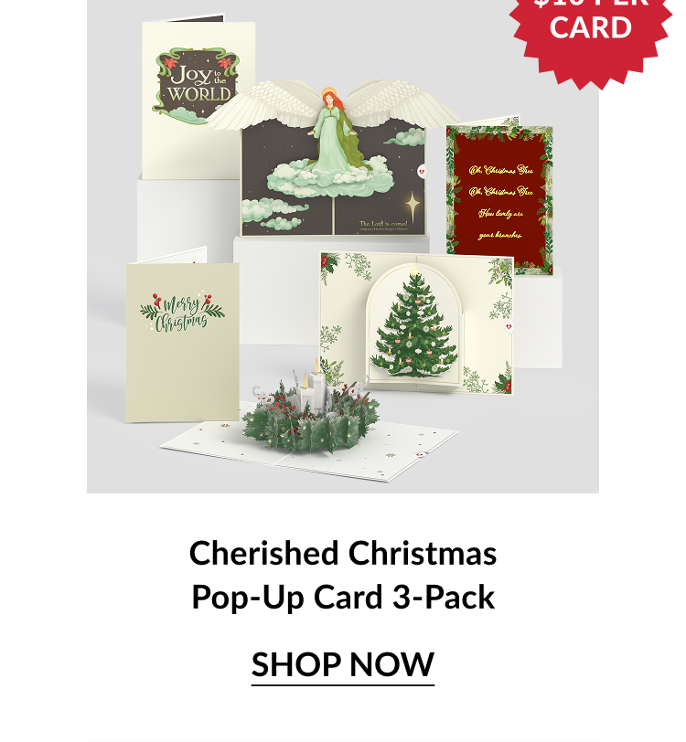 Three pop-up holiday cards featuring a nativity scene, angel, Christmas tree, and candle wreath, labeled as a 3-pack.