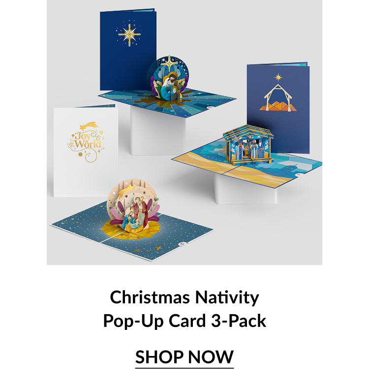 Three nativity-themed pop-up cards, including designs with stars, mangers, and baby Jesus, labeled as a 3-pack. Ask ChatGPT