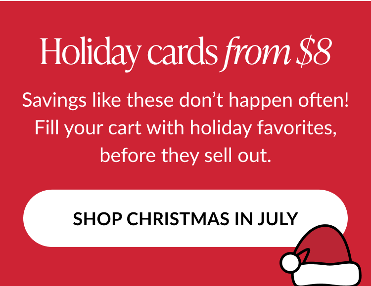 Red holiday banner reading “Holiday cards from $8” with a white button labeled “Shop Christmas in July” and a Santa hat illustration in the corner. Ask ChatGPT