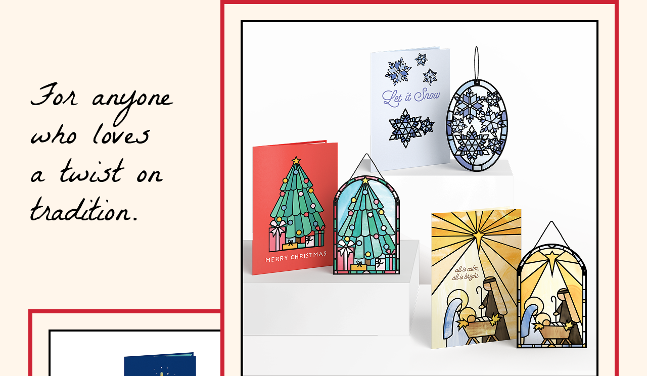 Holiday suncatcher cards featuring Christmas tree, snowflakes, and nativity scenes in stained glass style.