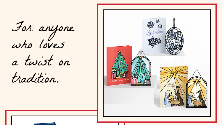 Holiday suncatcher cards featuring Christmas tree, snowflakes, and nativity scenes in stained glass style.
