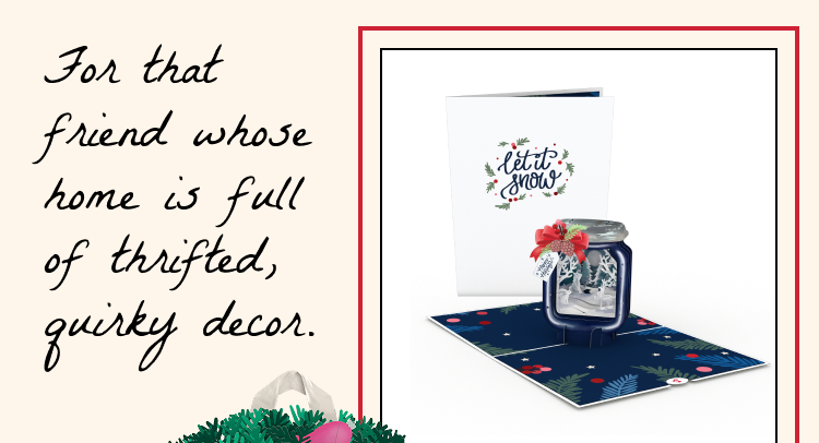 Holiday pop-up card featuring a snow globe jar with a 