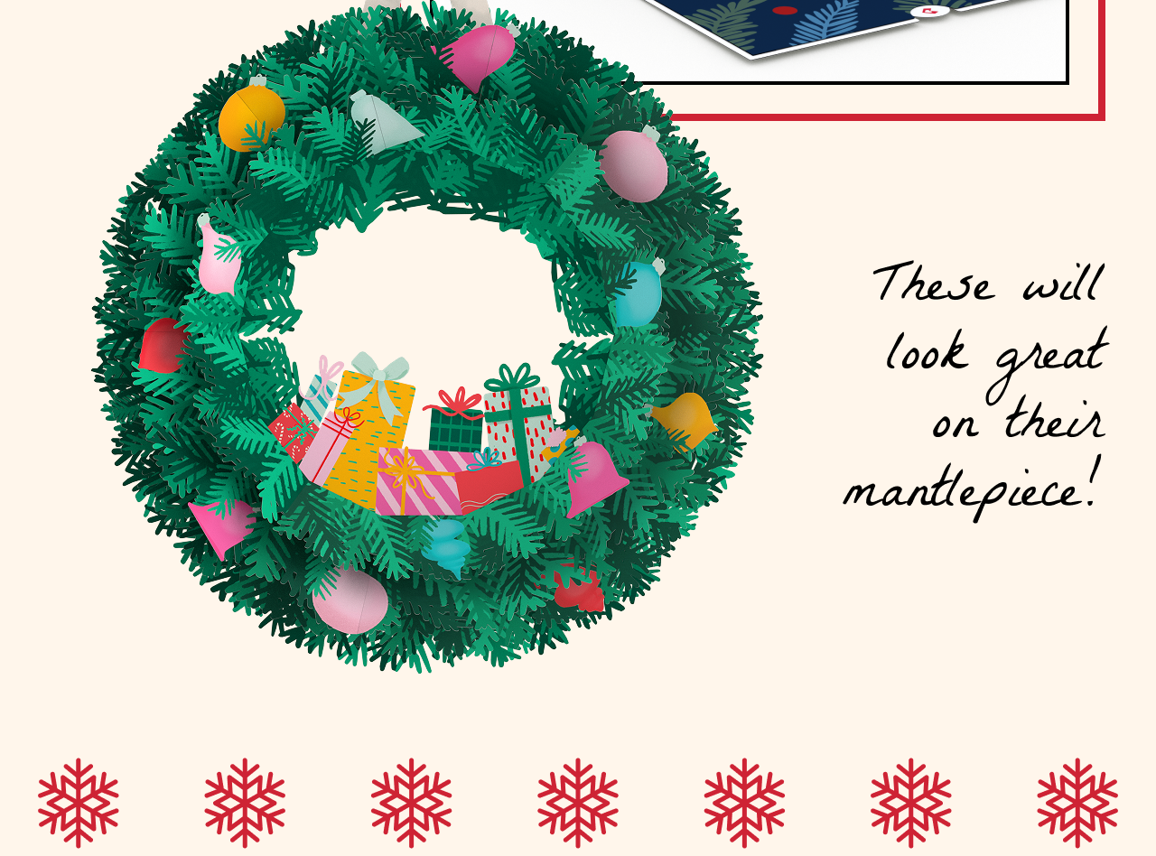 Pop-up Christmas wreath adorned with colorful ornaments and presents, captioned as great for a mantlepiece.