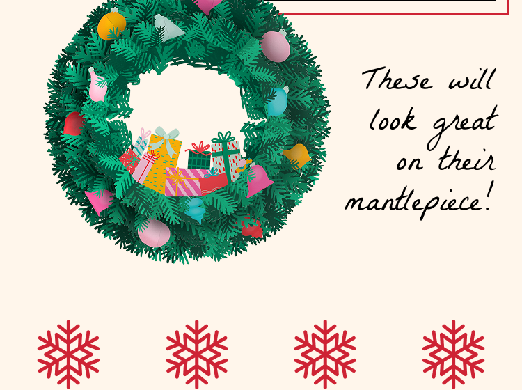 Pop-up Christmas wreath adorned with colorful ornaments and presents, captioned as great for a mantlepiece.