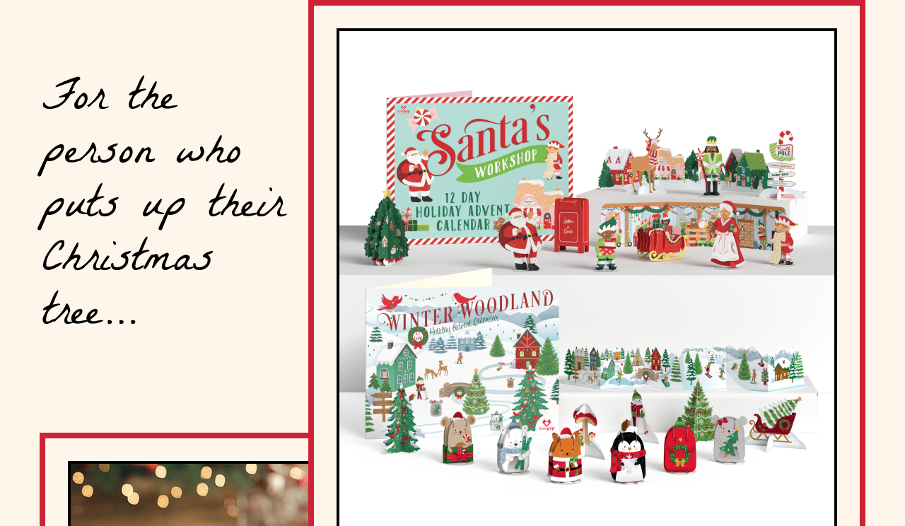 Holiday advent calendars featuring Santa's Workshop and Winter Woodland scenes with pop-up characters.