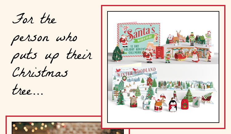 Holiday advent calendars featuring Santa's Workshop and Winter Woodland scenes with pop-up characters.